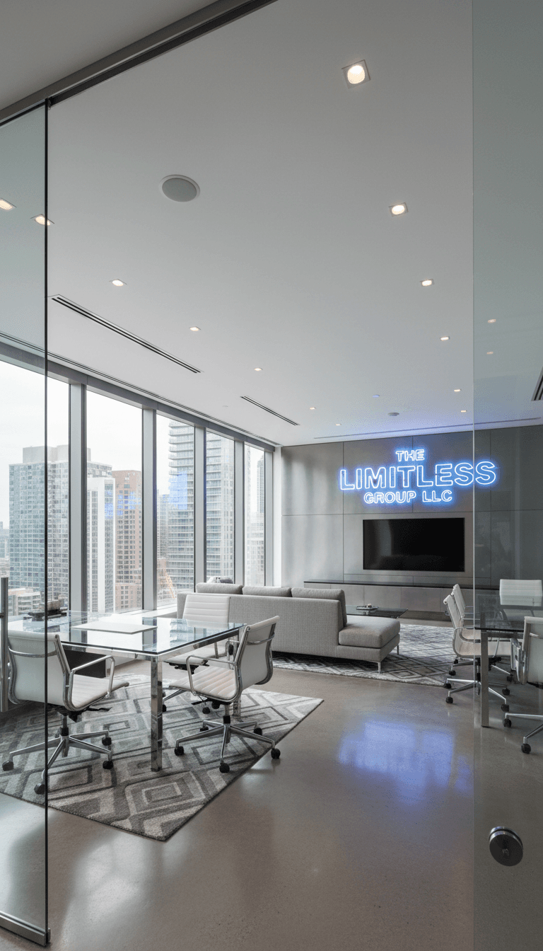 Modern glass and steel office interior with sleek minimalist furnishings