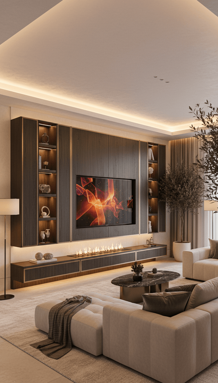Modern luxury living room with a custom media wall and warm ambient lighting