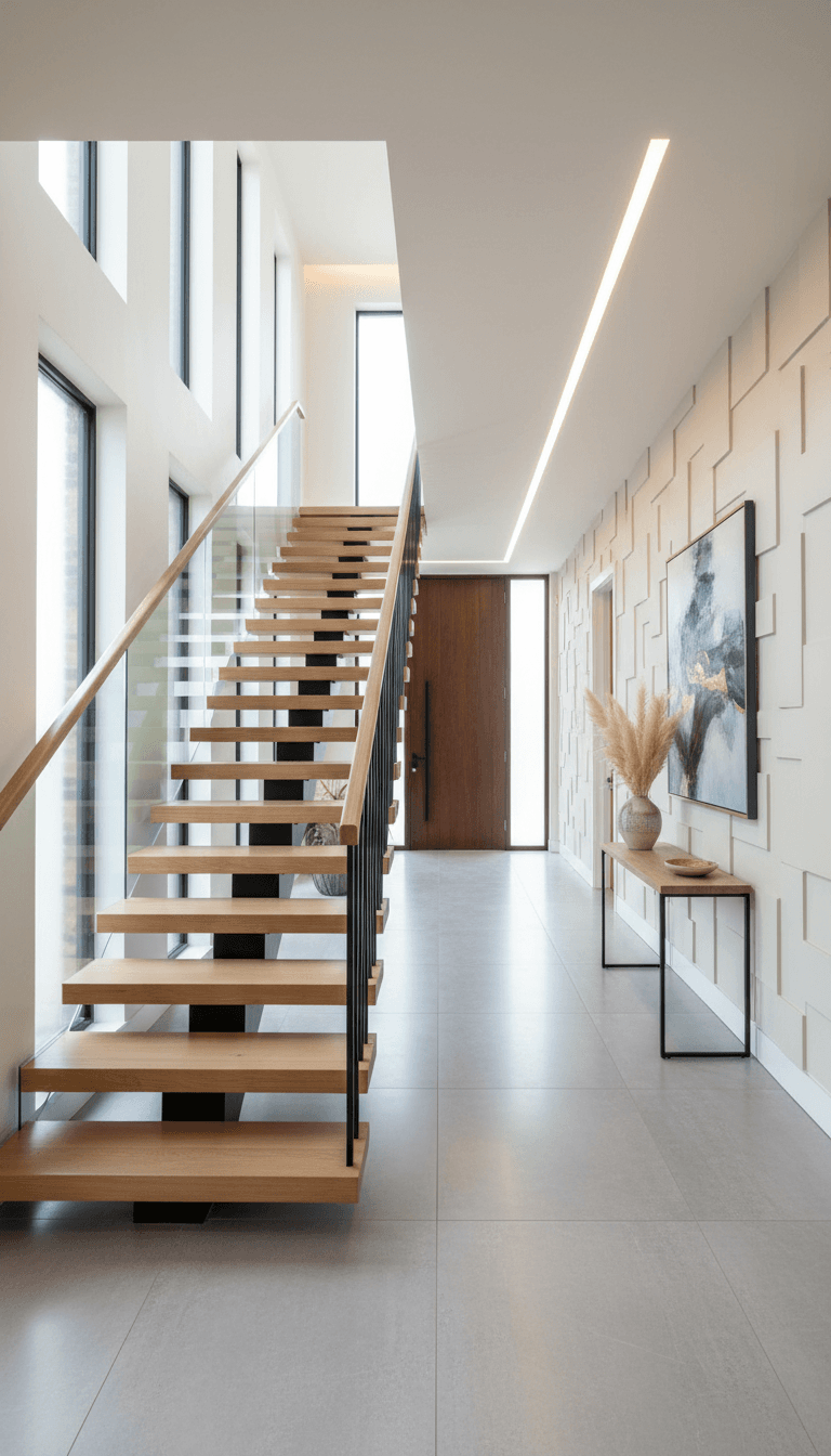 Restored hallway with a new wooden staircase railing and fresh paint