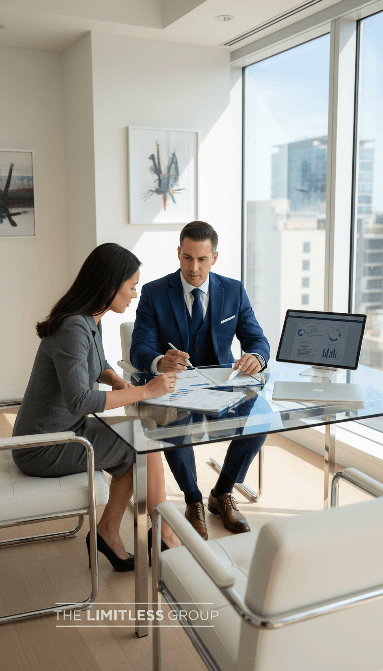 Professional consultant in tailored suit reviewing documents with a client in a bright, modern office