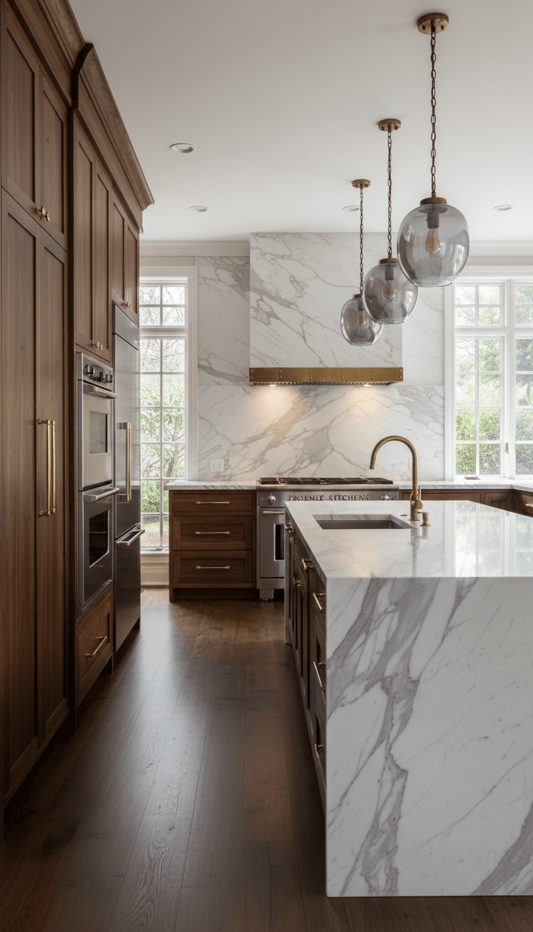 Restored kitchen with white cabinets and marble countertops