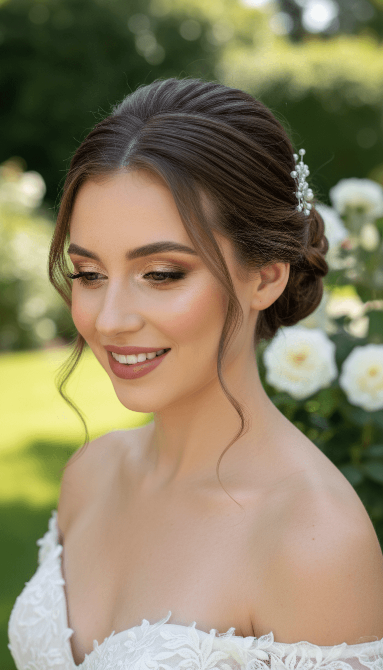 Bride with soft glam makeup and an elegant updo, smiling gently