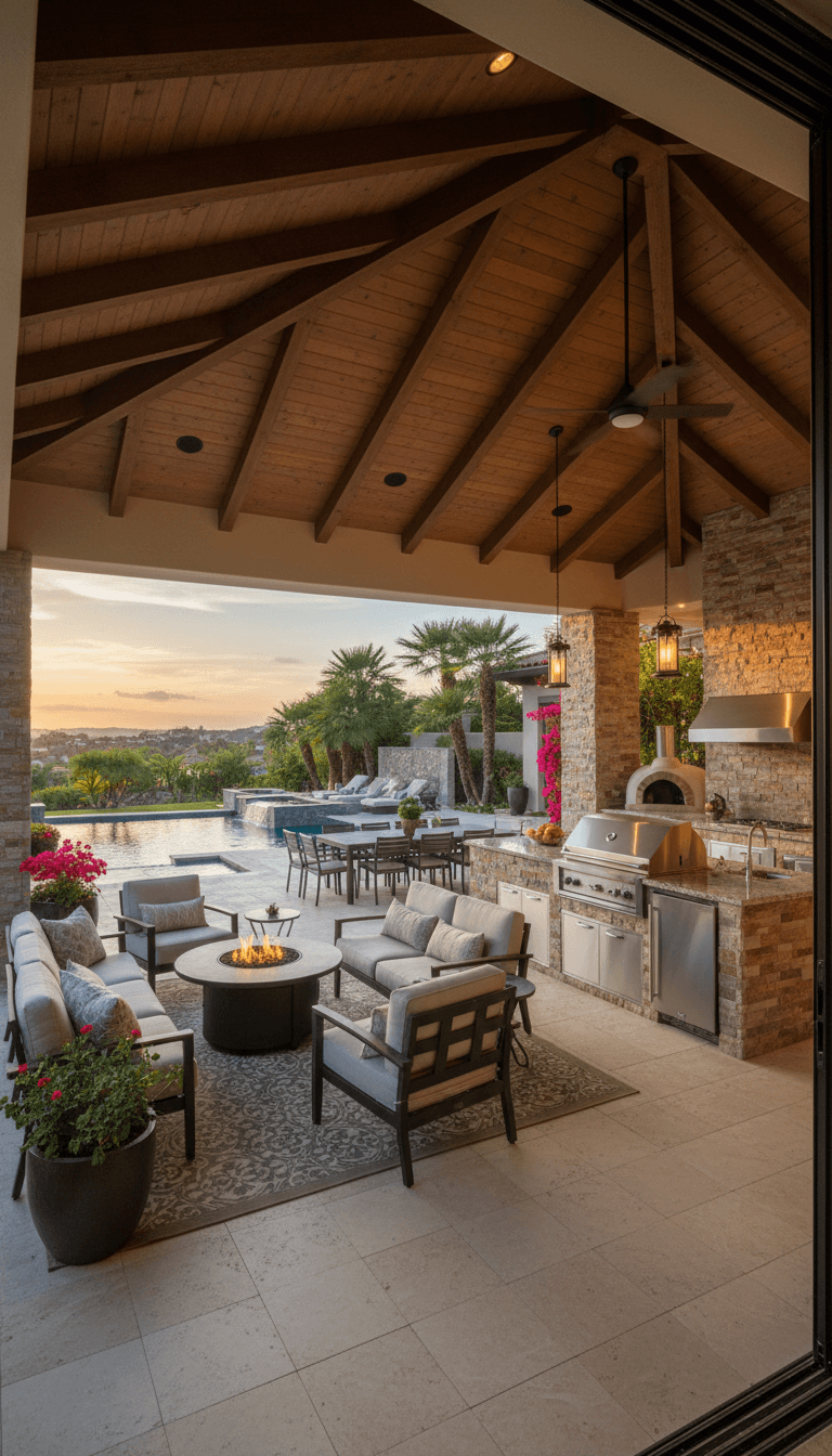 Outdoor living space with covered patio, outdoor kitchen, and seating