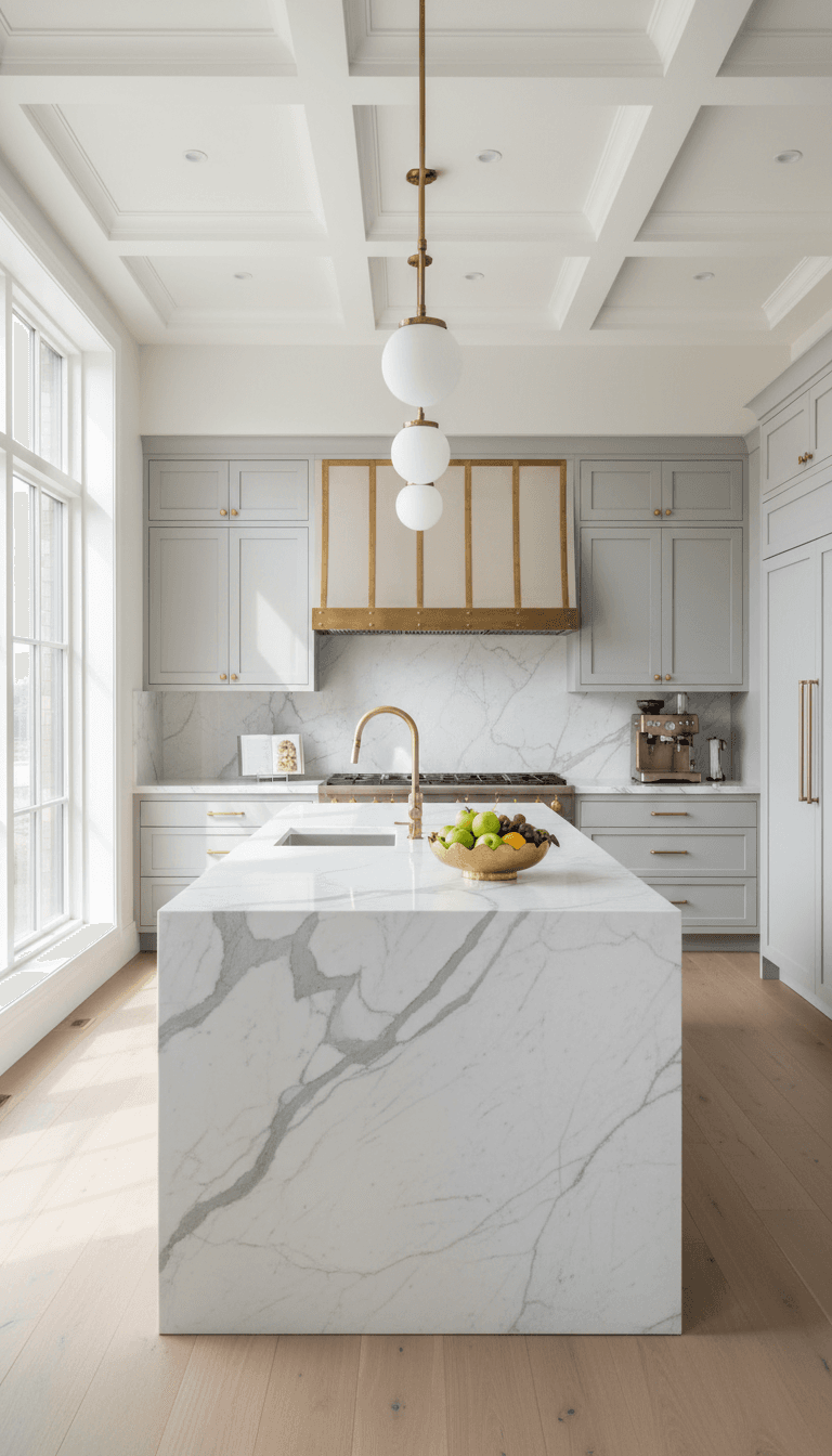 Marble kitchen island with brass fixtures in a bright renovated space