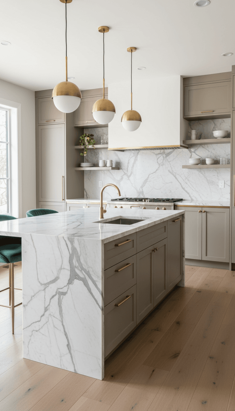 Completed luxury kitchen renovation with marble island and brass fixtures