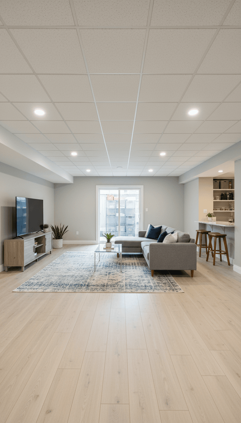 Finished basement with new flooring and recessed ceiling lights