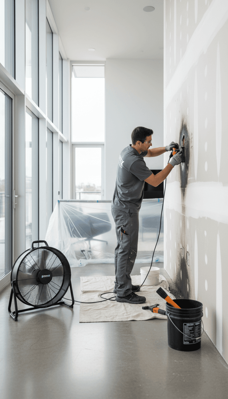 Restoration technician repairing water-damaged drywall in a bright modern room