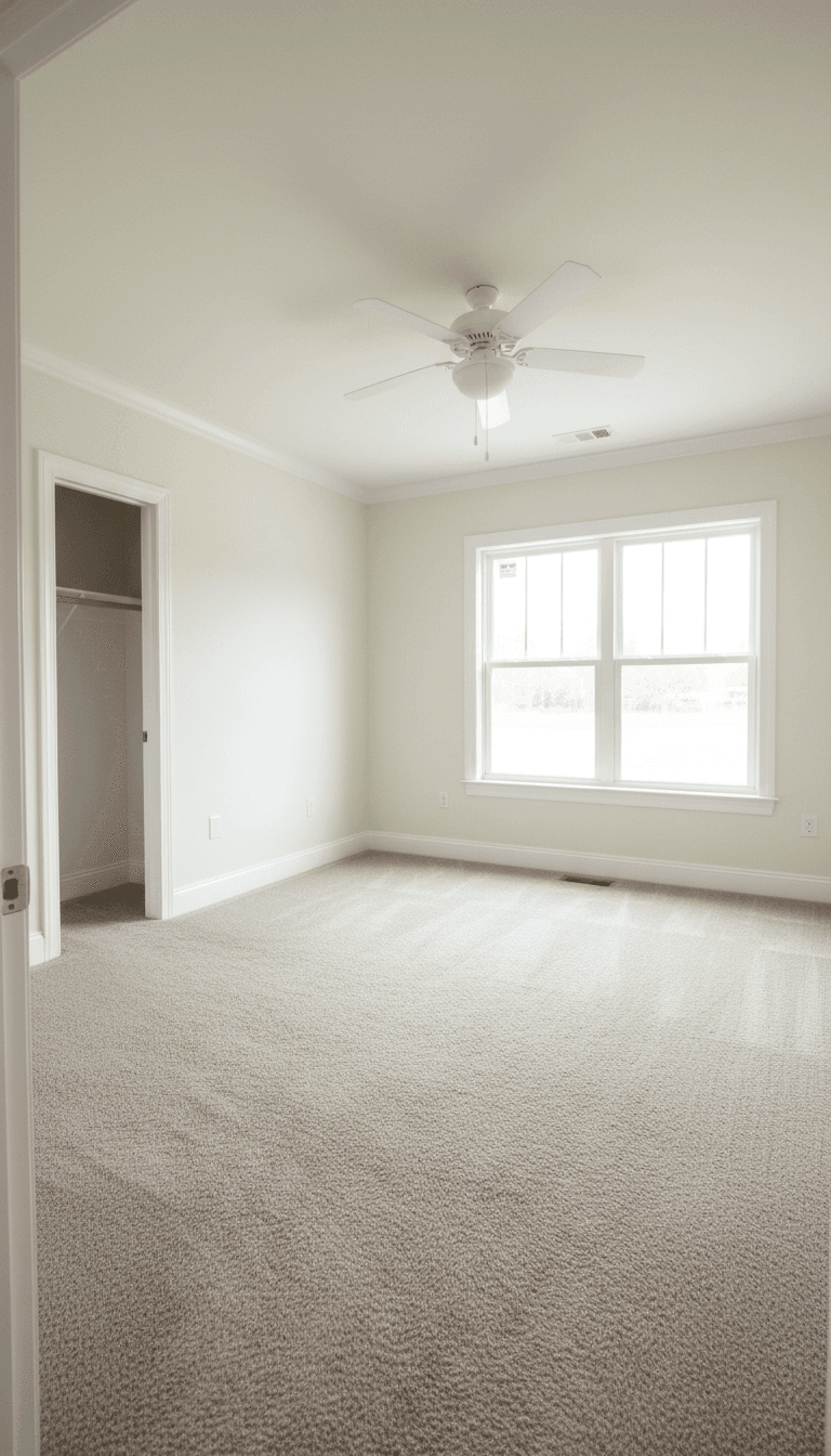 Restored bedroom with fresh paint, new carpet, and window light