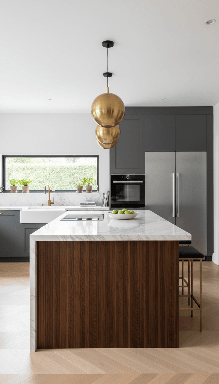 Modern kitchen with a large marble island and brass pendant lighting