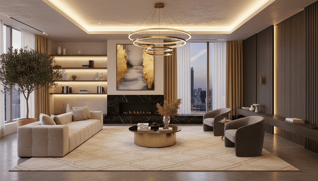 Luxurious modern living room with elegant furnishings and warm ambient lighting