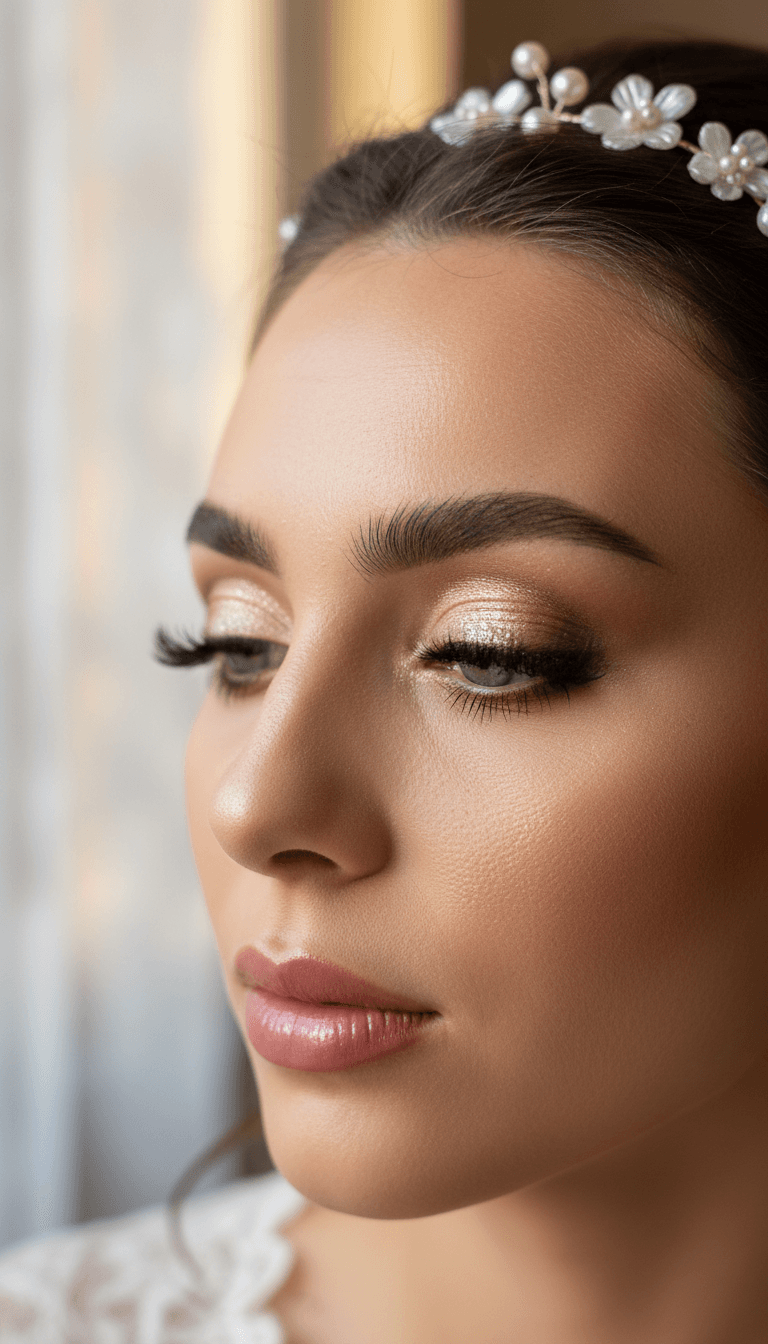 Close-up of a bride with champagne eyeshadow