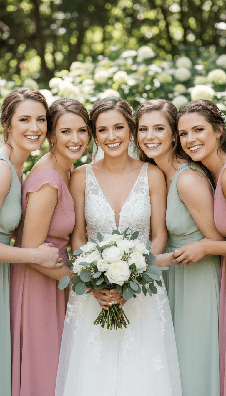 Bridal party with natural makeup looking happy