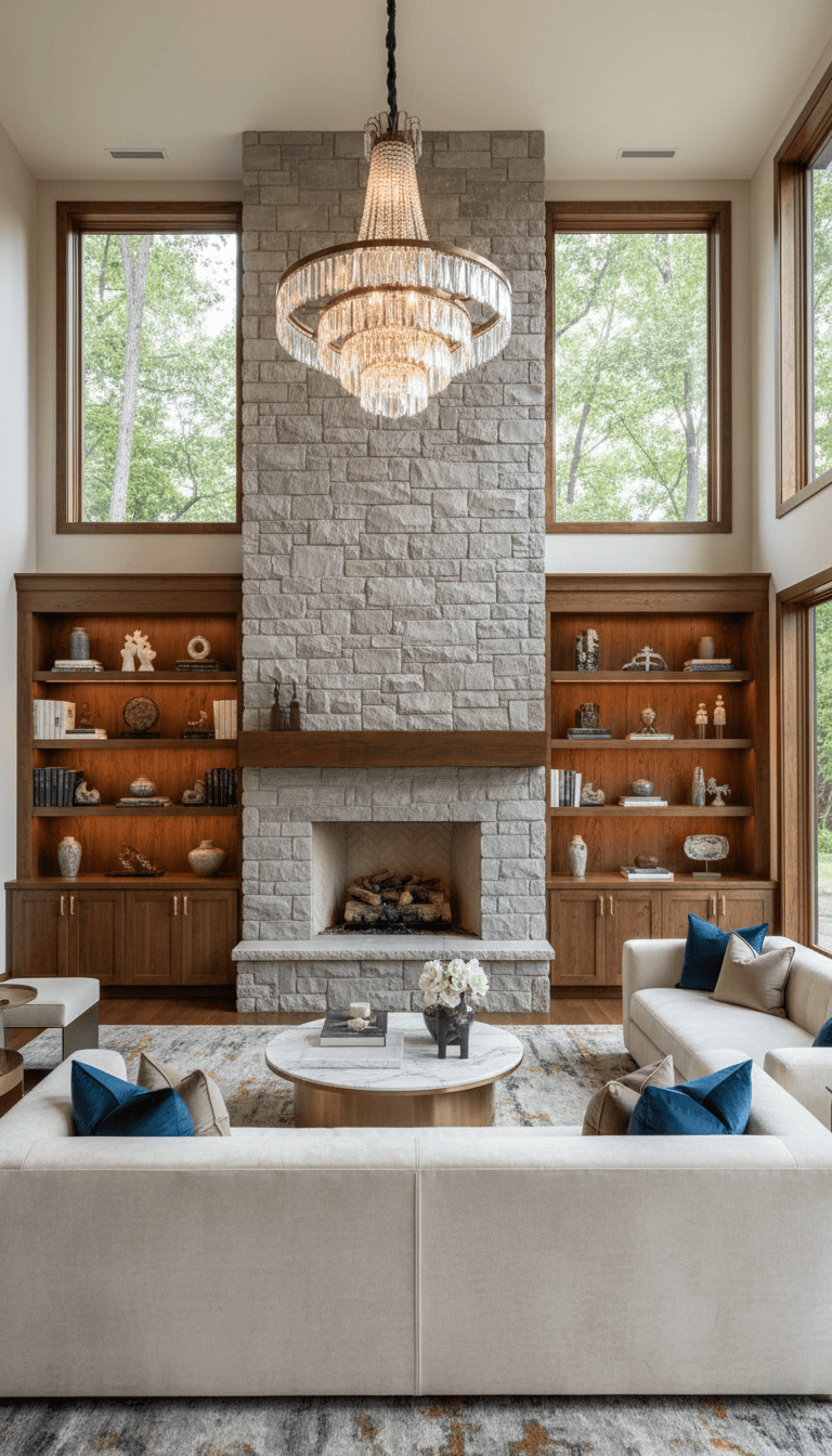 Luxury living room with floor-to-ceiling stone fireplace and custom built-in shelving