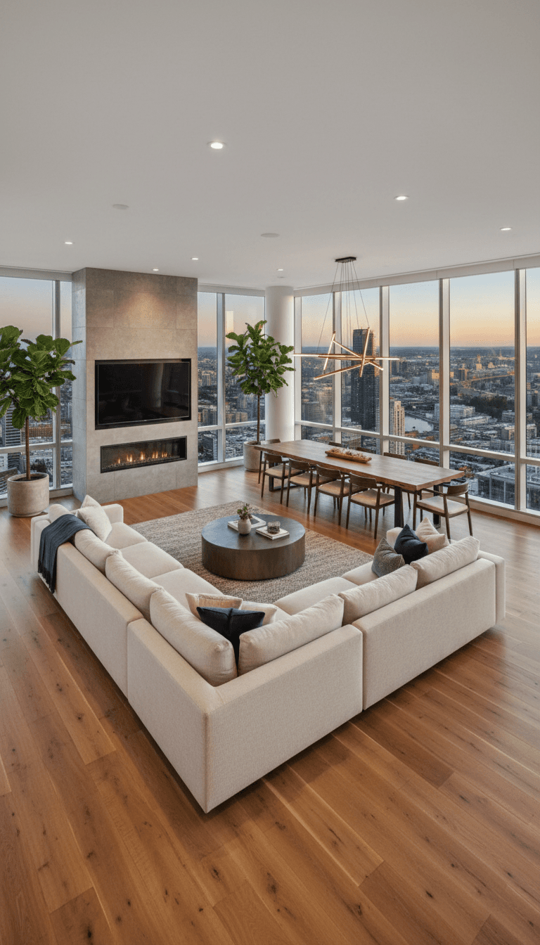 Open concept great room with panoramic city views and hardwood floors