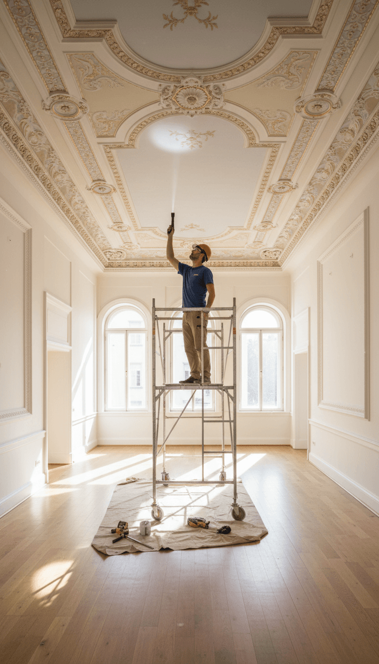 Professional reviewing a smooth restored ceiling in a sunlit room
