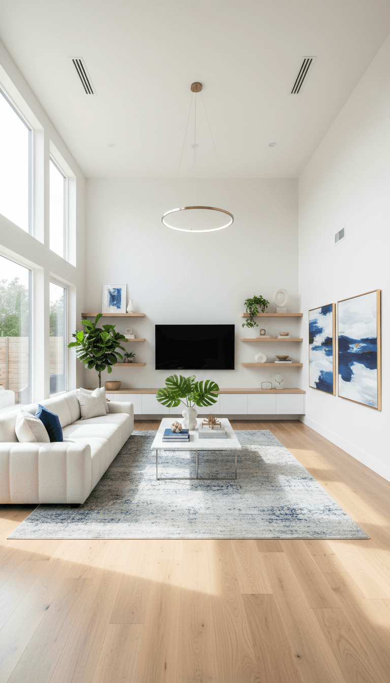 Restored living room with fresh hardwood floors and neutral walls