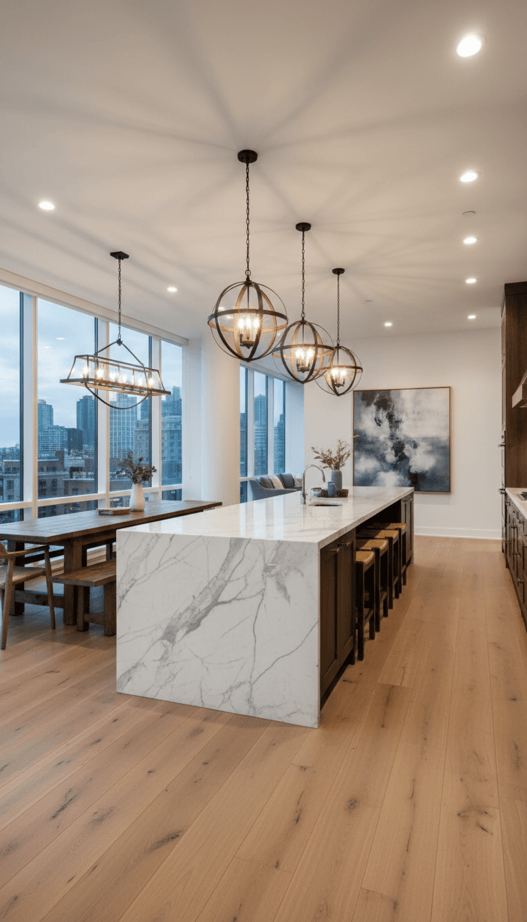 Open concept kitchen and dining area with large island and pendant lighting