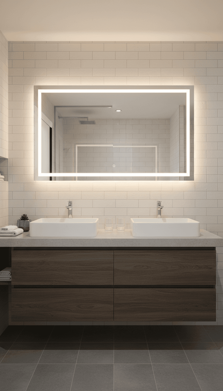 Modern bathroom vanity with double sinks and backlit mirror