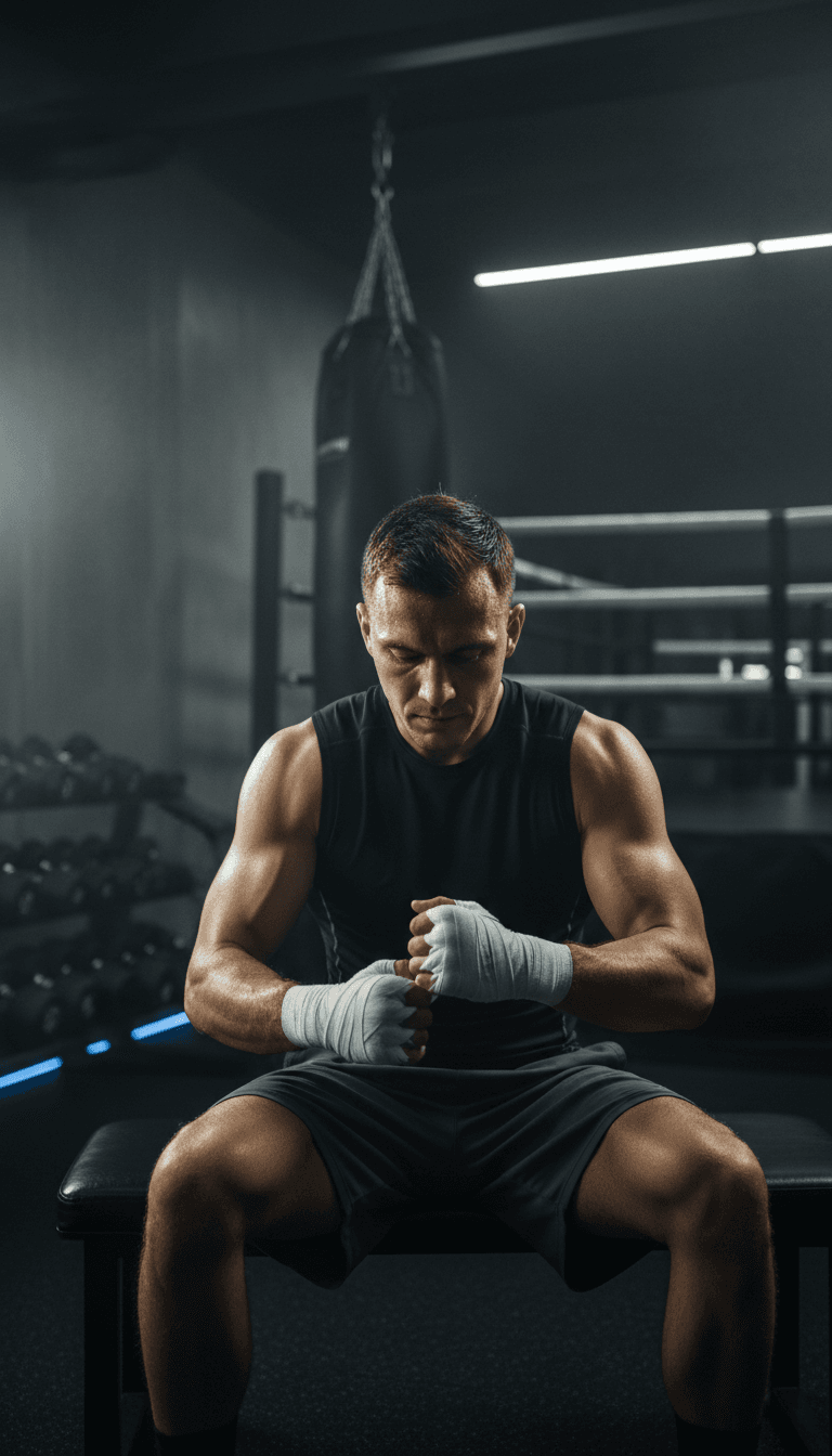 Boxer wrapping hands in a modern gym with dark moody lighting