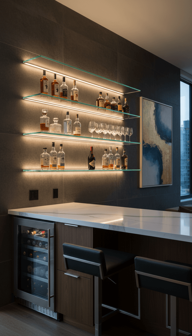 Modern home bar with a quartz countertop and backlit glass shelving