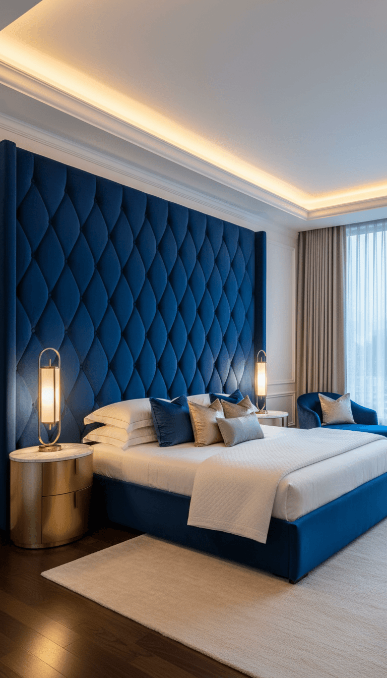 Luxury primary bedroom with a tufted headboard wall and ambient cove lighting