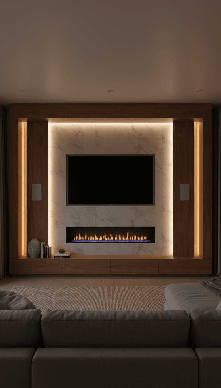 Custom media wall with linear fireplace and warm ambient lighting