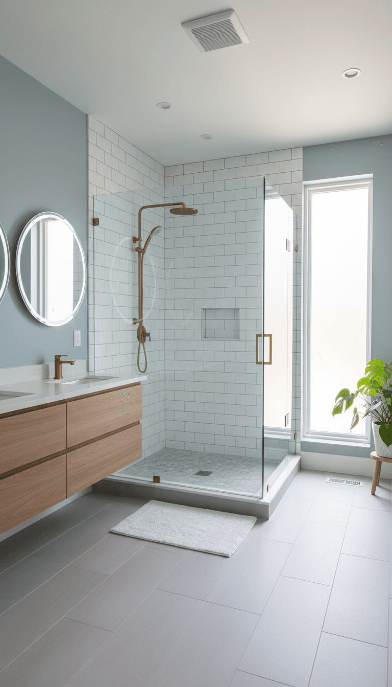 Renovated bathroom featuring a glass walk-in shower and gray tile