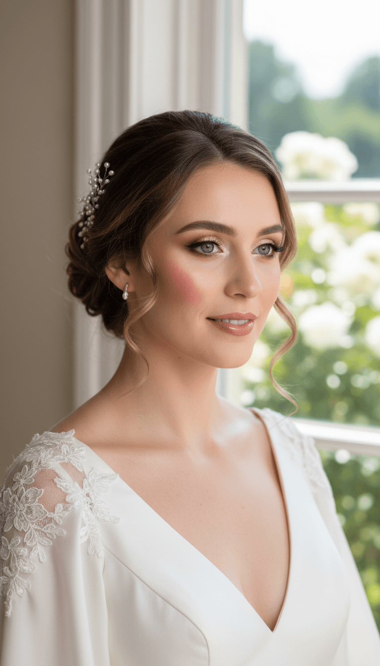 Bride with soft glam makeup and elegant updo