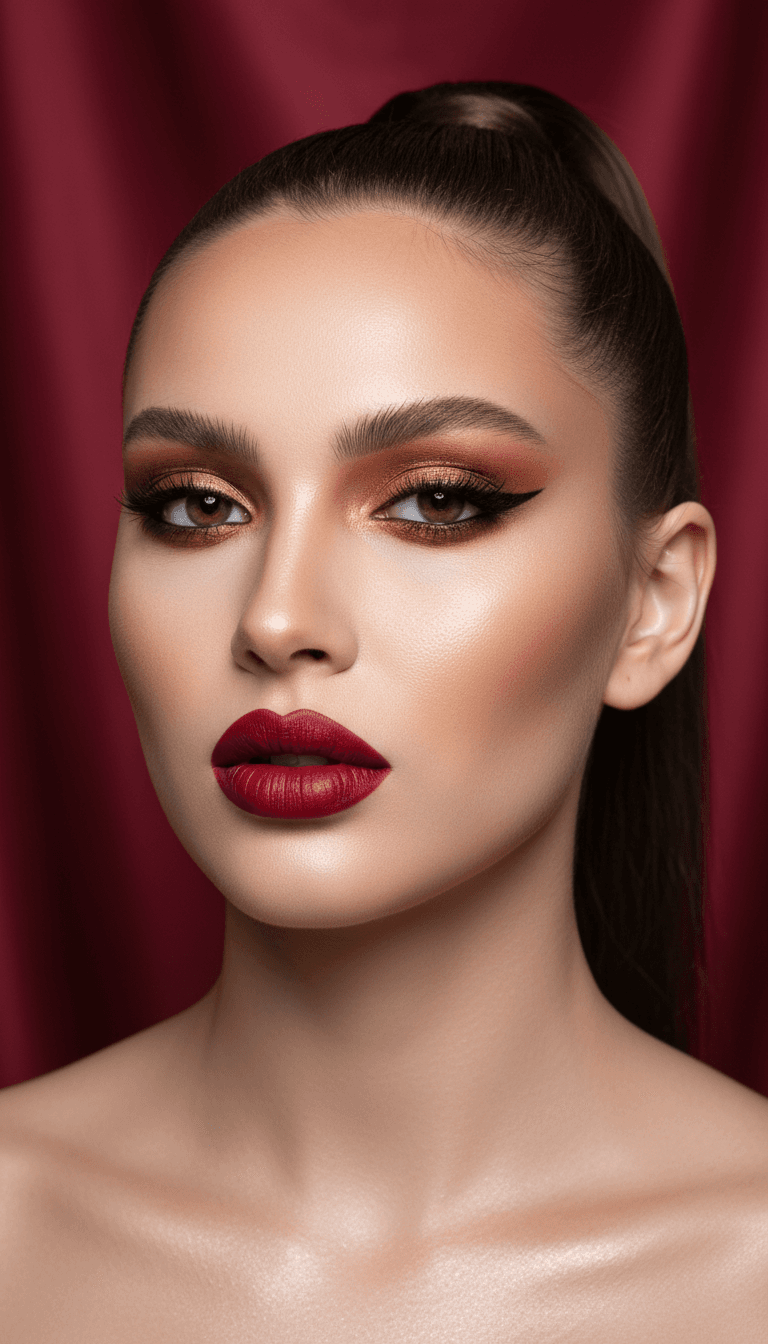 Editorial makeup look with bold red lip