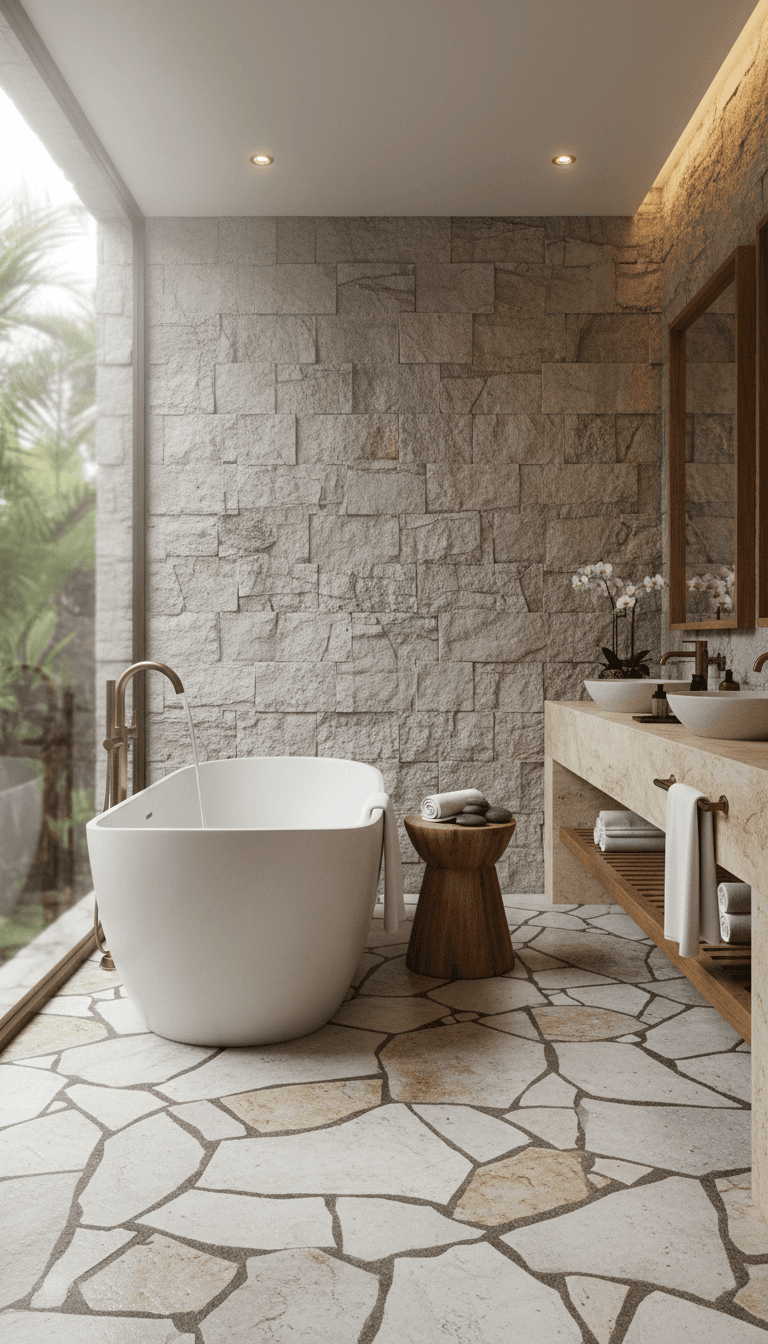 Spa-style bathroom remodel with freestanding tub and natural stone walls