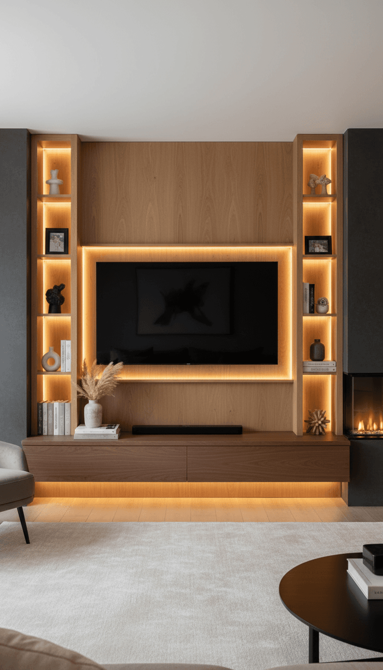 Custom media wall with a large flat screen TV and warm accent lighting