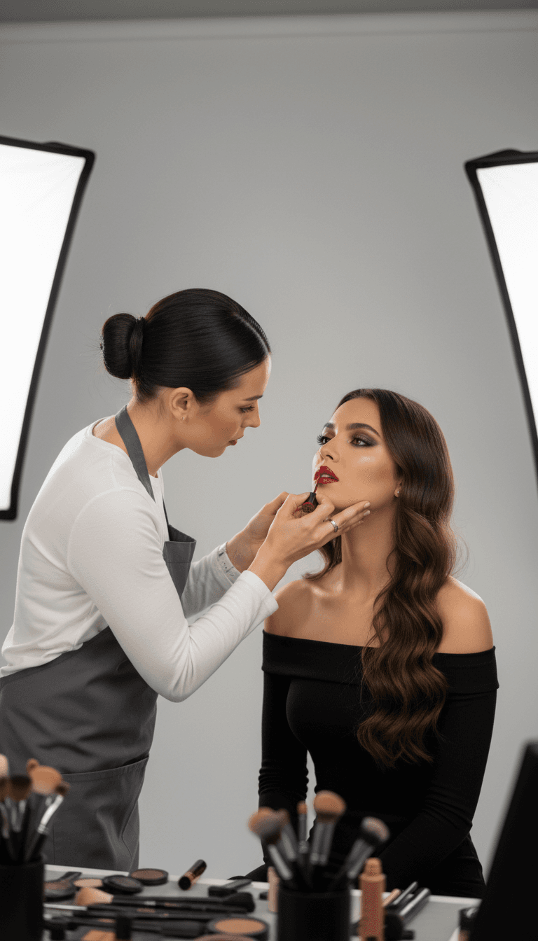 Professional makeup application in a studio