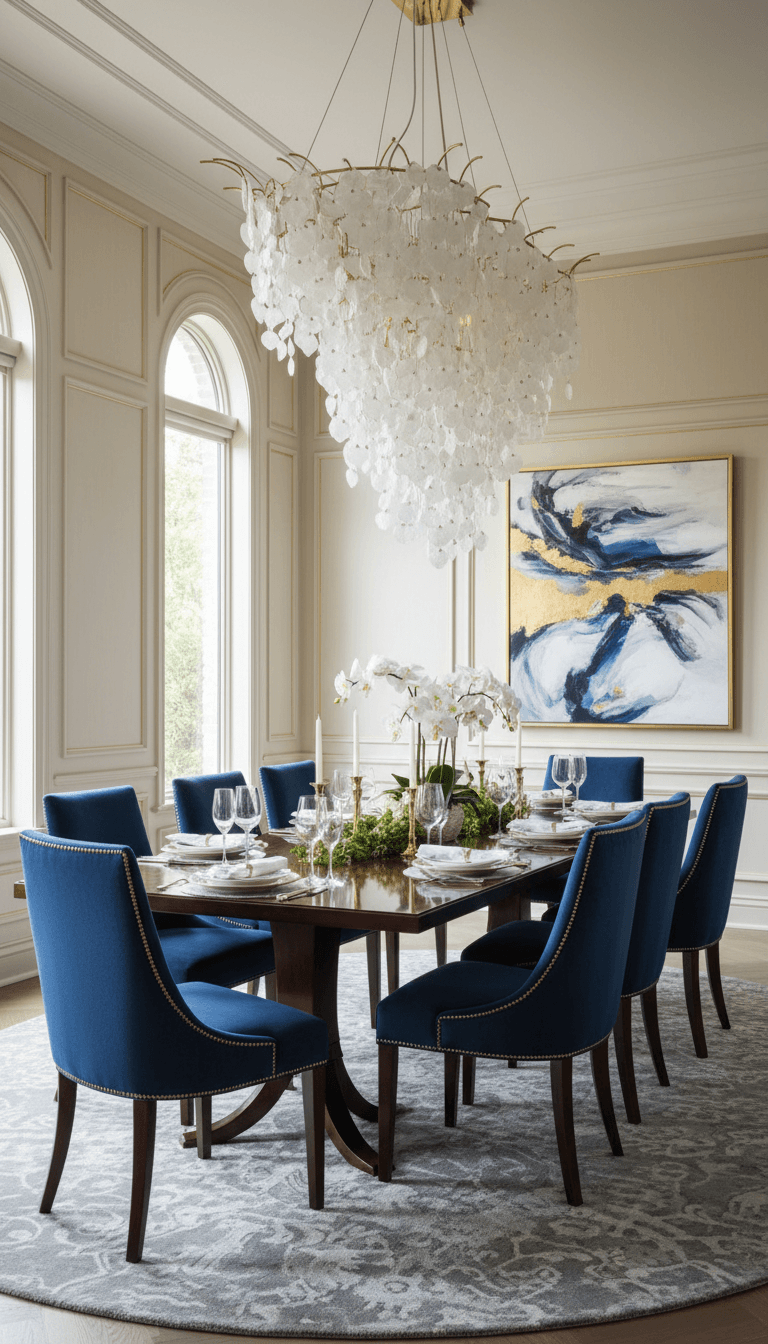 Elegant dining room with a sculptural chandelier and upholstered chairs