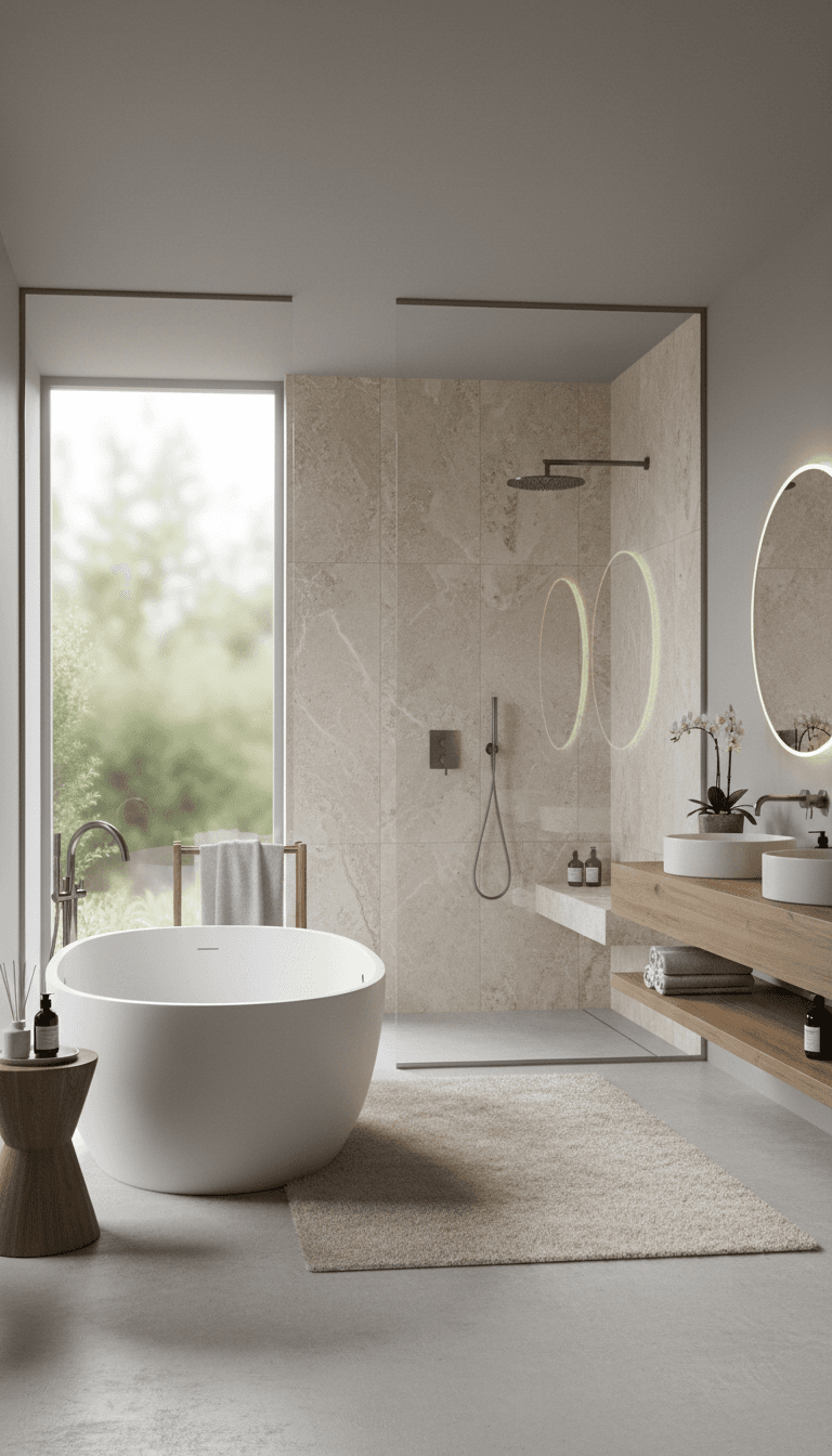 Spa-inspired bathroom with a freestanding soaking tub and walk-in glass shower