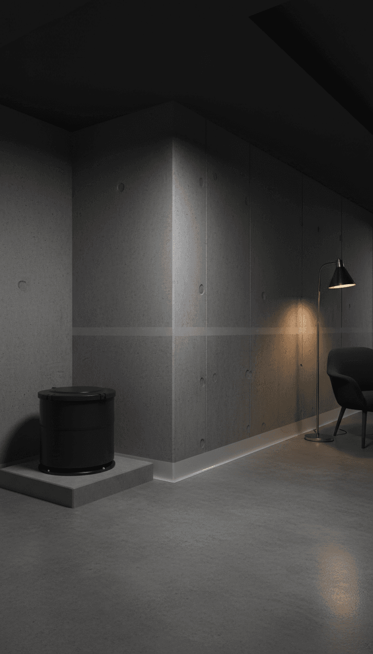 Finished dry basement interior with concrete walls and a sump pump in the corner