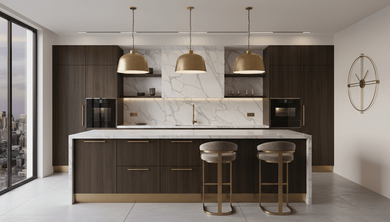 Modern luxury kitchen with marble island and brass fixtures