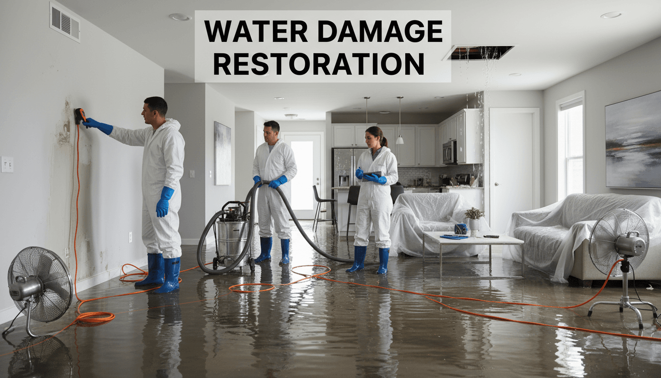 Professional restoration team assessing water damage in a modern home interior
