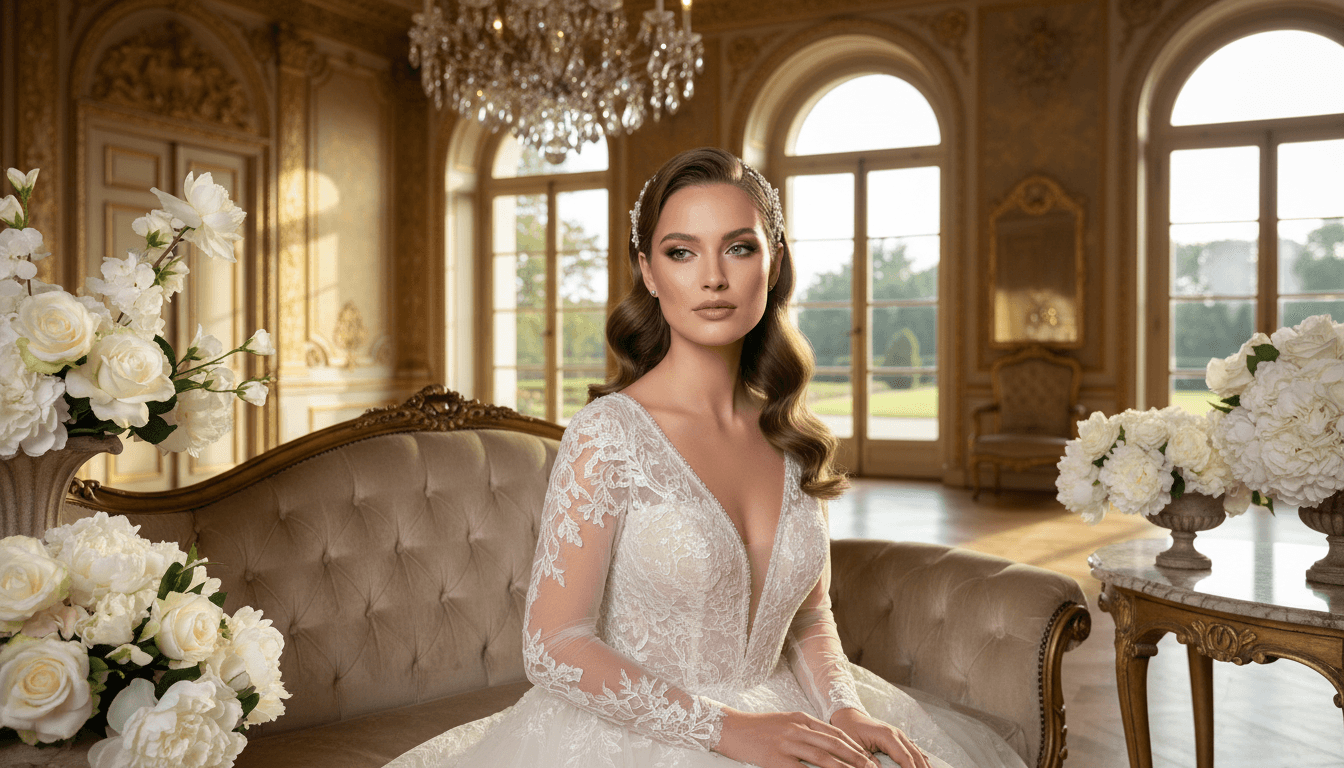 Bride with soft glam makeup and elegant hairstyle in luxurious setting