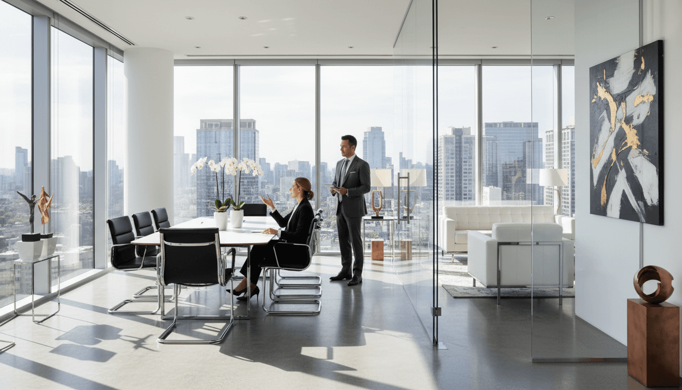Modern luxury office interior with royal blue and gold accents and sleek furniture