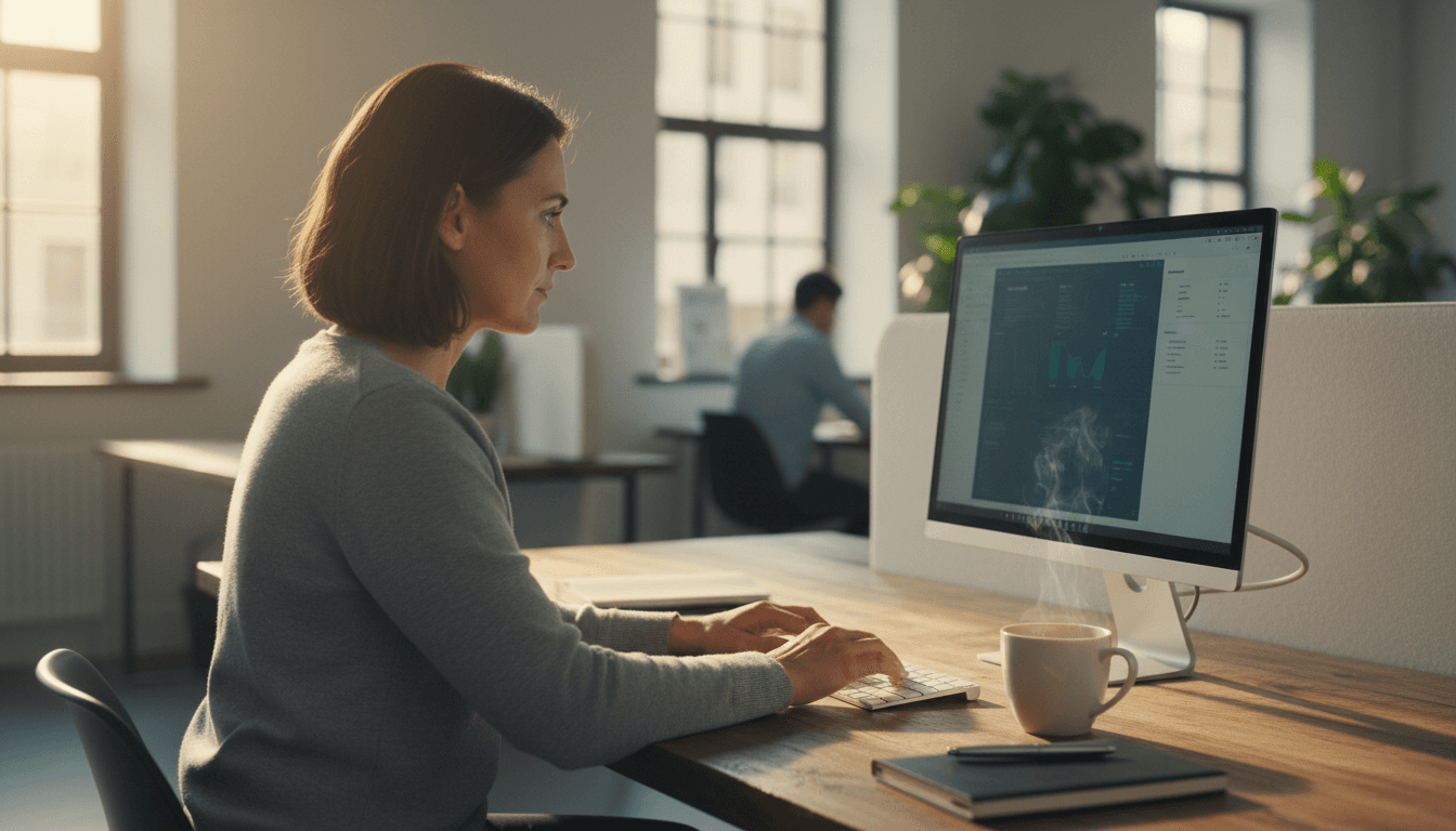 Person standing at a window in a modern office, deep in thought