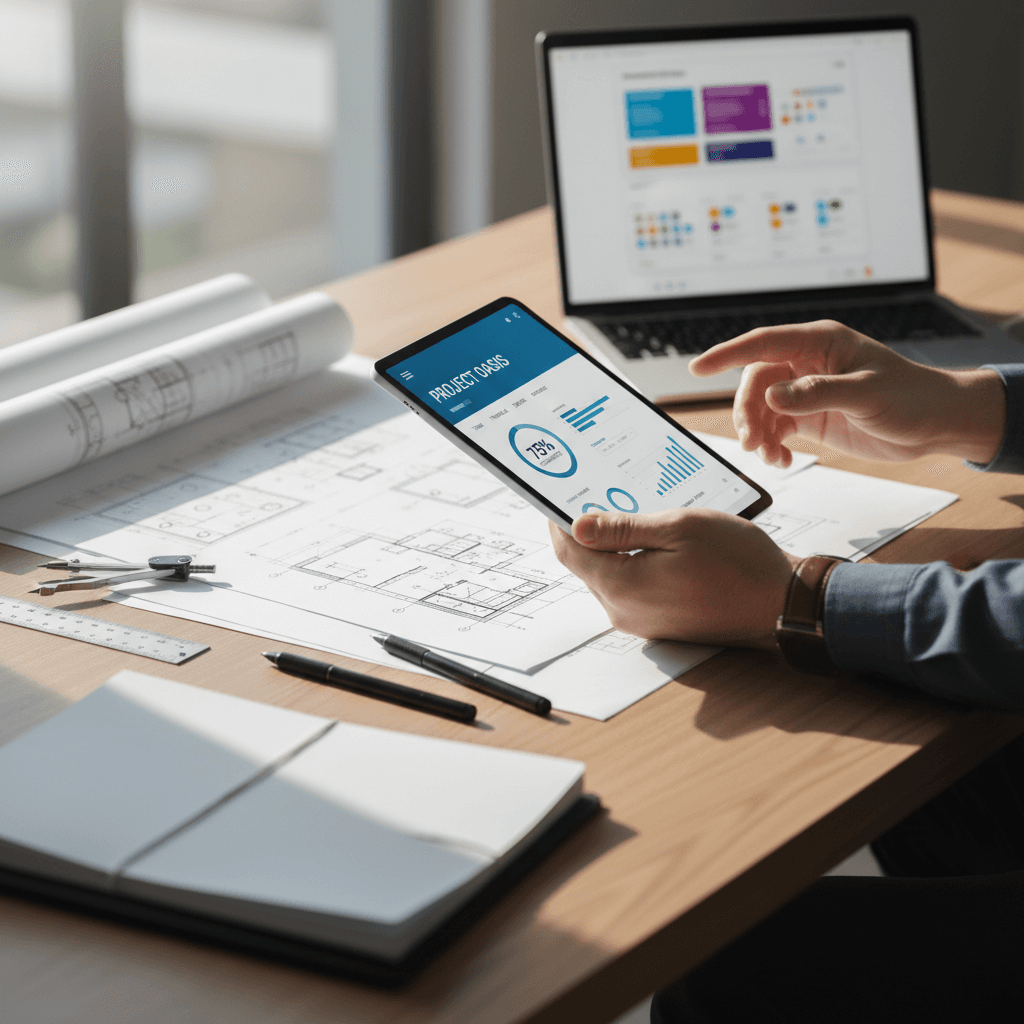 Architect reviewing a digital building plan on a tablet in a sleek modern office
