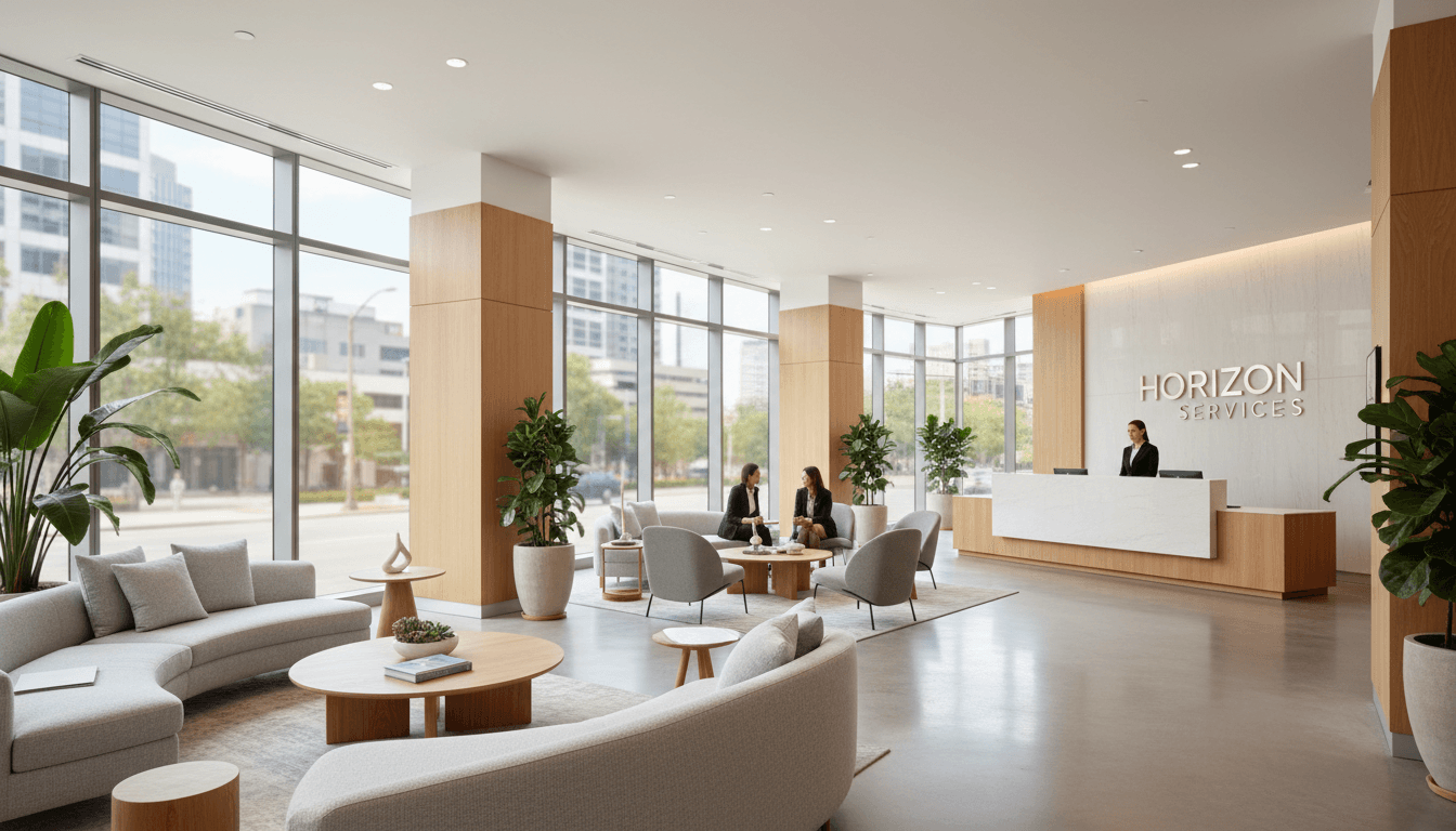 Sleek reception area with blue and gold design