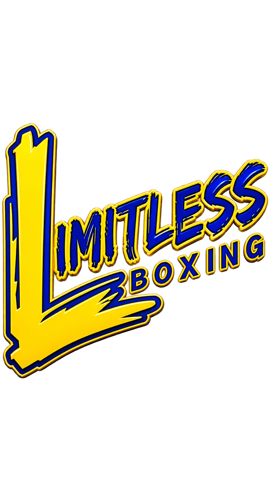 Limitless Boxing logo featuring a large stylized yellow L with blue accents and brush-stroke lettering.