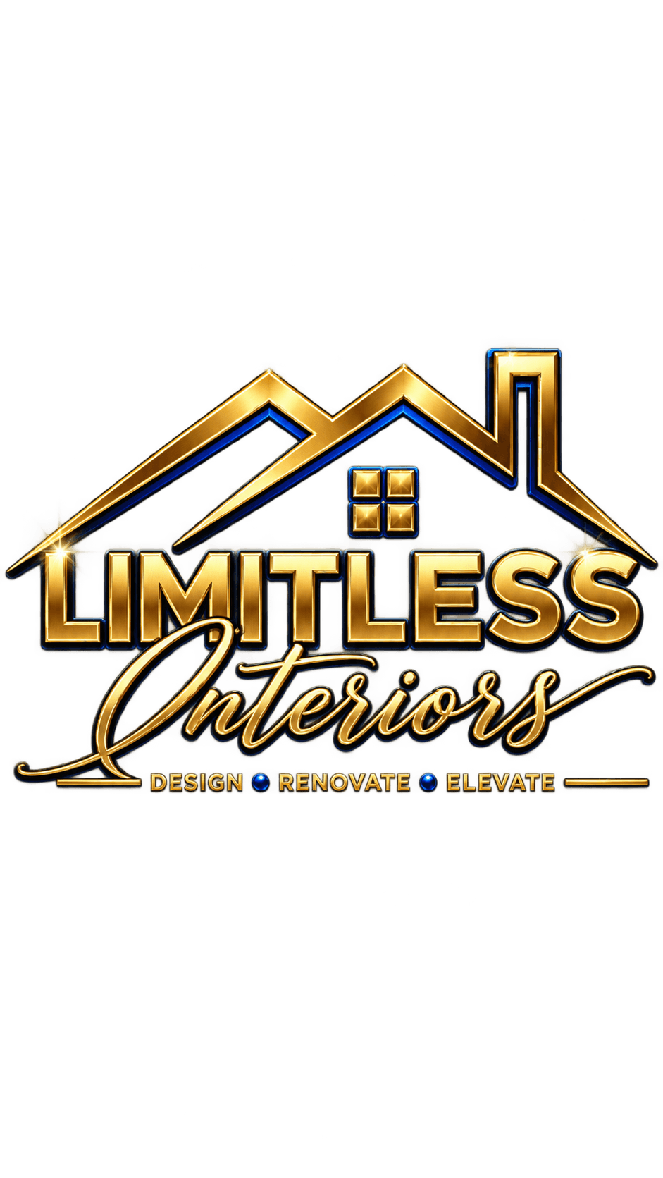Gold logo for Limitless Interiors featuring a house roofline and design, renovate, elevate tagline.