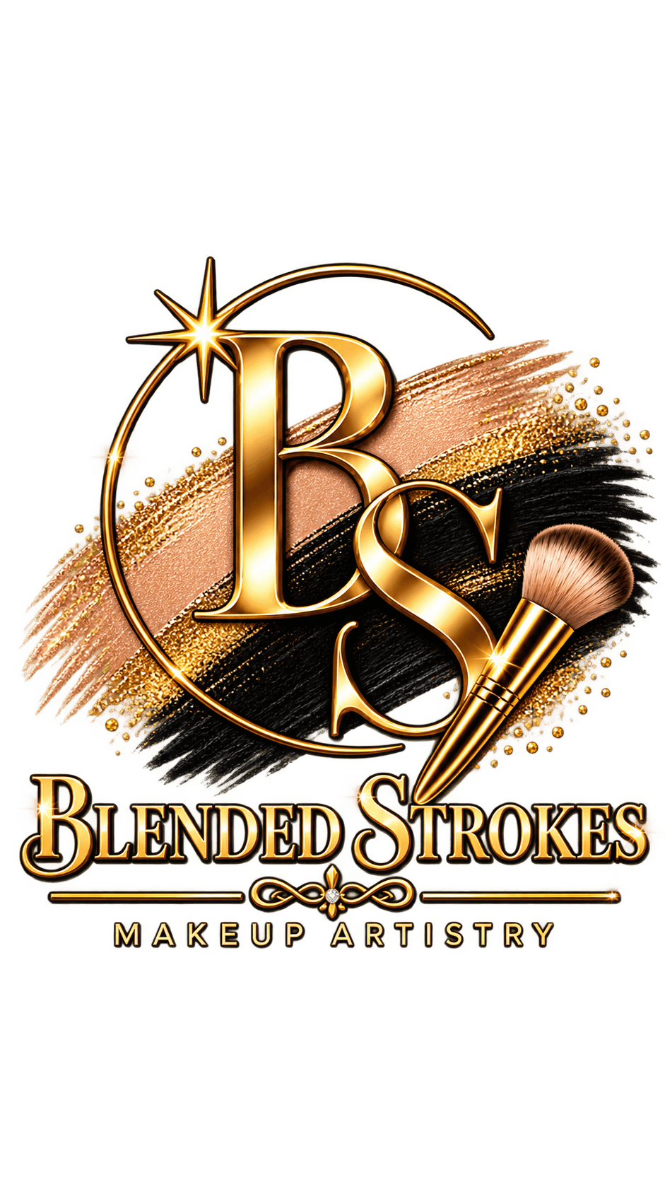 Gold Blended Strokes Makeup Artistry logo with BS initials, makeup brush, and glittery strokes.