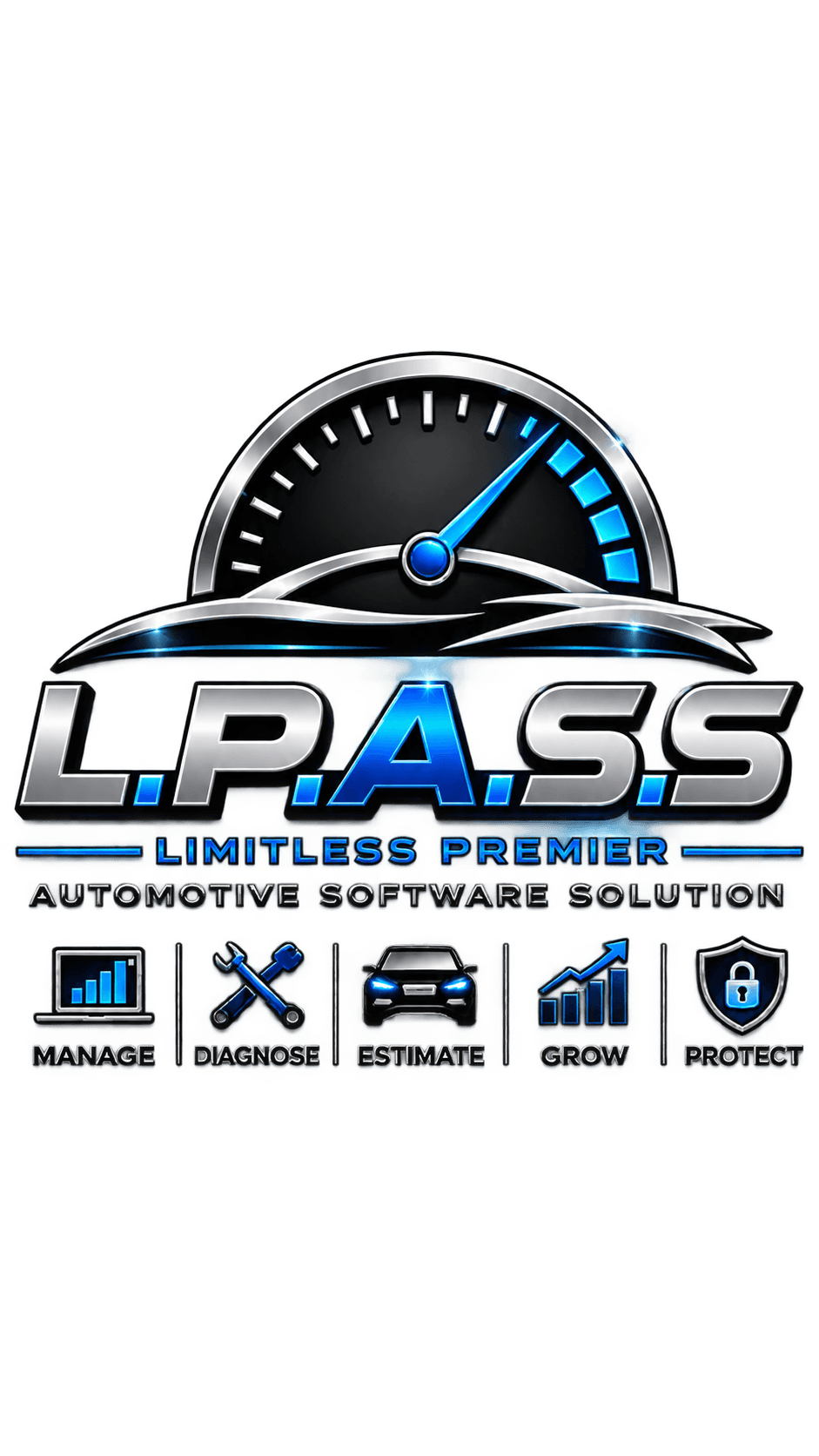 L.P.A.S.S. automotive software logo with speedometer and icons for manage, diagnose, estimate, grow, and protect.