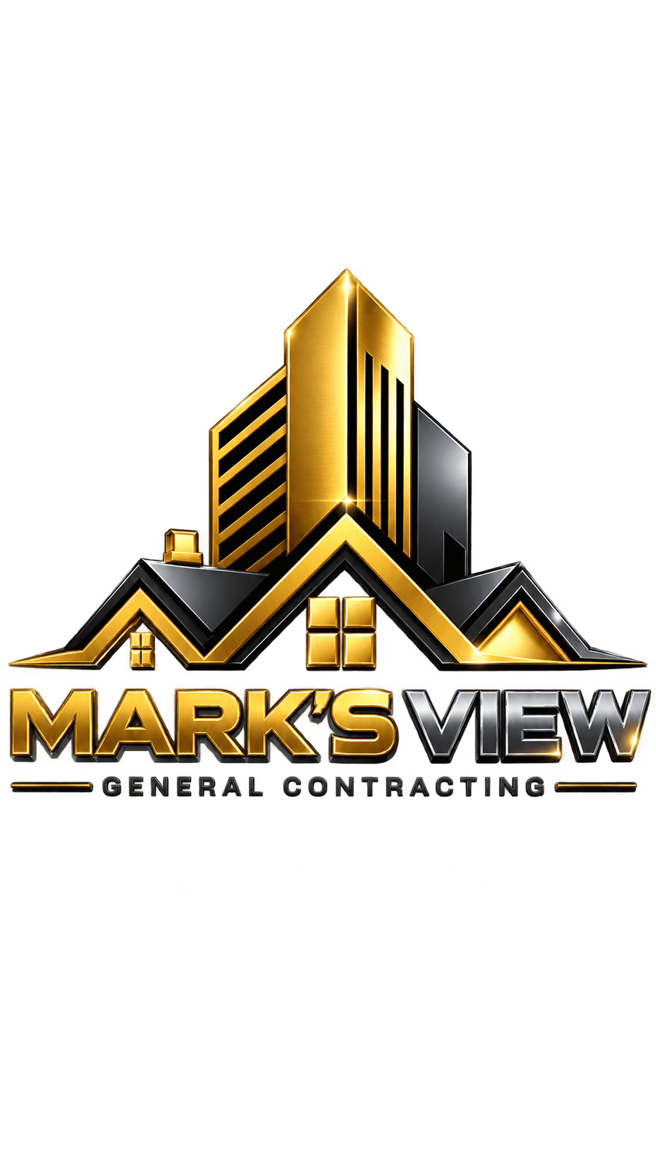Gold and black 3D logo for Mark's View General Contracting featuring stylized buildings and houses.