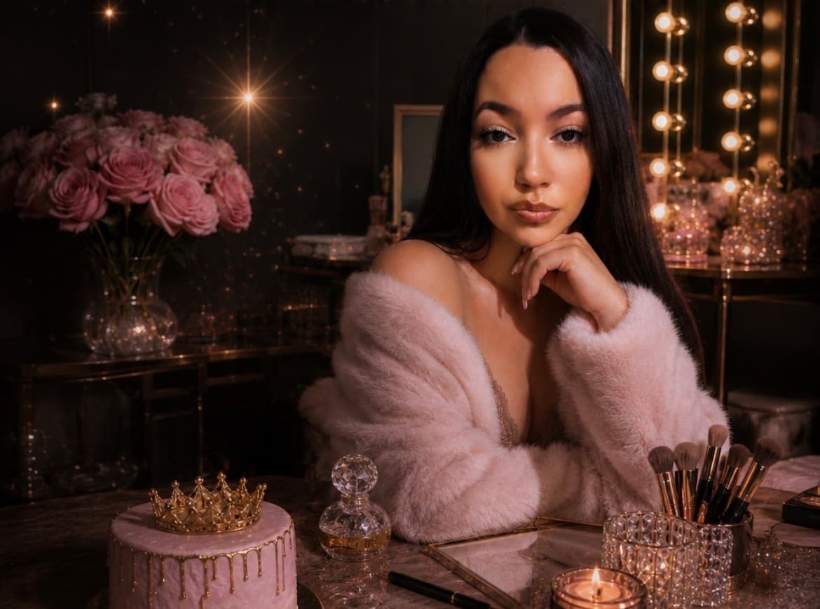 Elegant woman in a pink fuzzy robe poses with a crown-topped cake and roses.